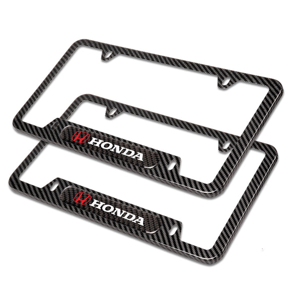 2PCS For HONDA LOGO Black Carbon Fiber Metal Stainless Steel License Plate Frame