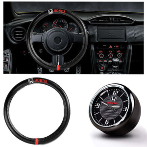 HONDA Set of Car 15" Steering Wheel Cover Carbon Fiber Look Leather with Exquisite Clock