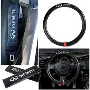 INFINITI Set of Car 15" Steering Wheel Cover Carbon Fiber Style Leather with Seat Belt Covers