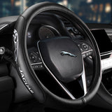 JAGUAR Set Genuine Leather 15" Diameter Car Auto Steering Wheel Cover with Black / Silver LOGO Horn Button