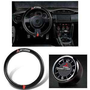 MITSUBISHI Set of Car 15" Steering Wheel Cover Carbon Fiber Look Leather with Exquisite Clock