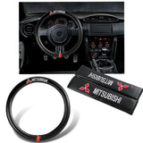 MITSUBISHI Set of Car 15" Steering Wheel Cover Carbon Fiber Style Leather with Seat Belt Covers