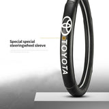 Toyota Set Genuine Leather Black 15" Diameter Car Auto Steering Wheel Cover with Blue Steering Wheel Emblem