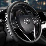 TOYOTA Set Black 15" Diameter Car Auto Steering Wheel Cover Quality Leather with Center Console Armrest Cushion Mat Pad Cover