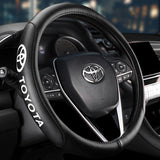 Toyota Set Genuine Leather Black 15" Diameter Car Auto Steering Wheel Cover with Blue Steering Wheel Emblem
