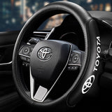 Toyota Black Set Genuine Leather 15" Diameter Car Auto Steering Wheel Cover with 3D Metal Emblems