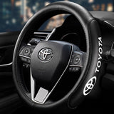Toyota Set Genuine Leather Black 15" Diameter Car Auto Steering Wheel Cover with Blue Steering Wheel Emblem