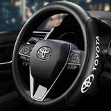 TOYOTA Set Black 15" Diameter Car Auto Steering Wheel Cover Quality Leather with Center Console Armrest Cushion Mat Pad Cover