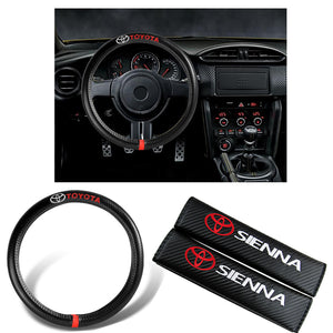 TOYOTA SIENNA Set of Car 15" Steering Wheel Cover Carbon Fiber Style Leather with Seat Belt Covers