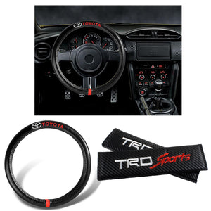 TOYOTA TRD SPORTS Set of Car 15" Steering Wheel Cover Carbon Fiber Style Leather with Seat Belt Covers