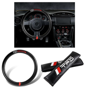 TOYOTA TRD Set of Car 15" Steering Wheel Cover Carbon Fiber Style Leather with Seat Belt Covers
