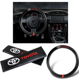 TOYOTA Set of Car 15" Steering Wheel Cover Carbon Fiber Style Leather with Seat Belt Covers