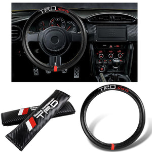 TRD Sports Set of Car 15" Steering Wheel Cover Carbon Fiber Style Leather with TRD Seat Belt Covers
