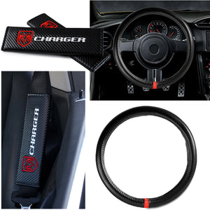 DODGE Charger Set of Car 15" Steering Wheel Cover Carbon Fiber Style Leather with Seat Belt Covers