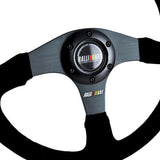 14" MITSUBISHI RALLIART Black Stitching Suede Sport Steering Wheel w Horn Button
