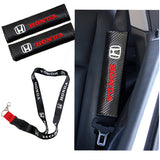 Honda Set Black Carbon Fiber Look Seat Belt Cover X2 with Honda Black Keychain Lanyard