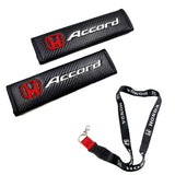 Honda Accord Set Black Carbon Fiber Look Seat Belt Cover X2 with Honda Black Keychain Lanyard
