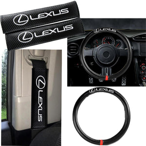 LEXUS Set of Car 15" Steering Wheel Cover Carbon Fiber Style Leather with Seat Belt Covers