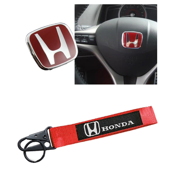 JDM Honda Set Civic & Accord Red H Emblem For Steering Wheel 54mm x 43mm with Logo Keychain Metal Key Ring